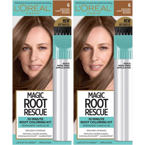 L'Oreal Paris Magic Root Rescue 10 Minute Root Hair Coloring Kit, Permanent Hair Color with Quick Precision Applicator, 100% Gray Coverage, 6 Light Brown, 2 count