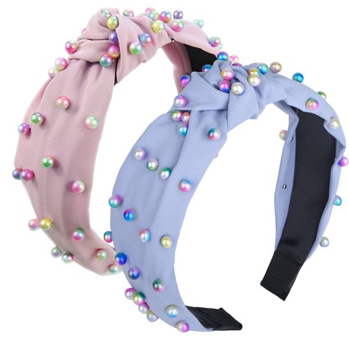 Etercycle 2PCS Headbands for Women, Bow Knotted Wide Headband, Yoga Hair Band Fashion Elastic Hair Accessories for Women (Blue, Pink)
