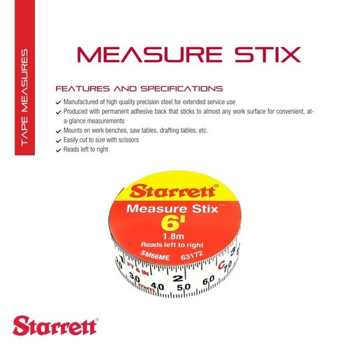 Starrett Tape Measure Stix with Adhesive Backing - Mount to Work Bench, Saw Table, Drafting Table - 3/4" x 6', English Metric, Left-Right Reading - SM66ME