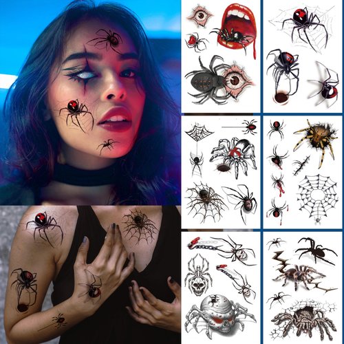 Scary Spider Temporary Tattoo Stickers 3D Halloween Spider Web Waterproof Spider Tattoo Stickers DIY Stickers for Adults Kids Body Decor for Art Party Cosplay atmosphere Supplies