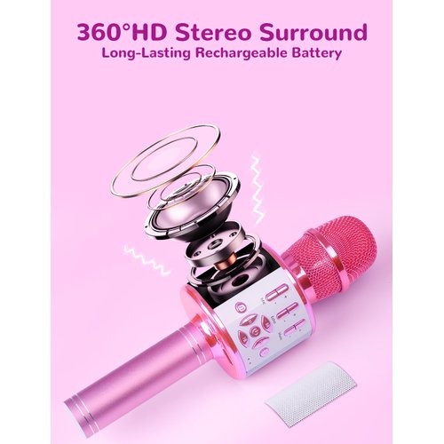 Amazmic Toys for Girls, Kids Karaoke Microphone Toddler Microphone for Kids with Lights, Birthday Gift for Girls, Boys Toy Age 3 4 5 6 7 8+(Light Pink)