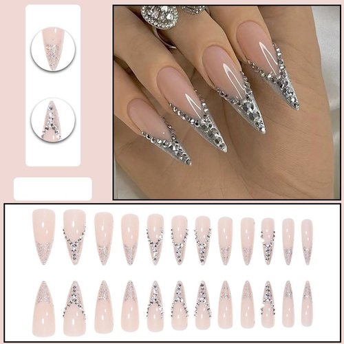 AkiliBIELY French Tip Press on Nails Stiletto Long Silver Pink Glitter Fake Nails Women Fantasy Glue on Nails Acrylic Gel Stick on Nails Classy Aesthetic False Nails Wedding Birthday