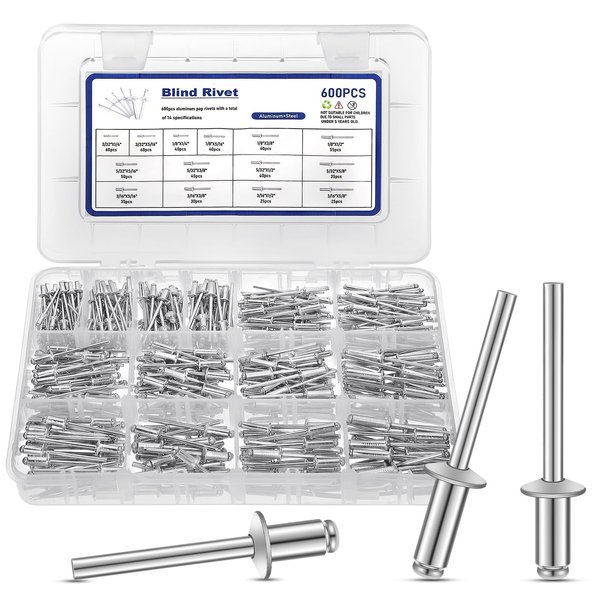 600 Pcs Rivets 14 Size Pop Rivets Assortment Kit Aluminum Rivets (3/32" 1/8" 5/32" 3/16" 1/4” 5/16” 3/8” 1/2” 5/8”),Assorted Blind Rivets Kit