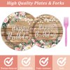 Tevxj 96PCS Pink Floral Birthday Party Plates Wood Grain Flower Tableware Set for Girls Kids Bridal Shower Party Supplies Rustic Wooden Birthday Paper Plates Napkins Forks Decorations for 24 Guests