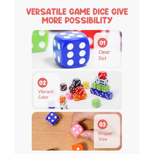 JoyCat 16mm 6 Sided Dice Set Standard Game Dice Kids for Board Games Dice Games Math Dice for Classroom with Storage Bucket 10 Colors (50, Opaque)