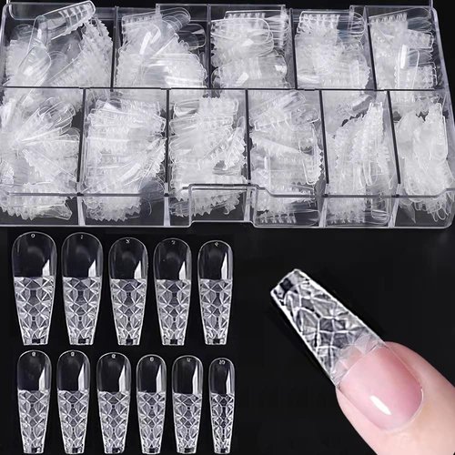 Colored Glaze False Nails Tips Stiletto Trapezoid False Fake Nails Concave Convex Acrylic Long Nails Full Cover Clear Artificial Nails for DIY Nail Art (About 408 Pcs-Trapezoid)