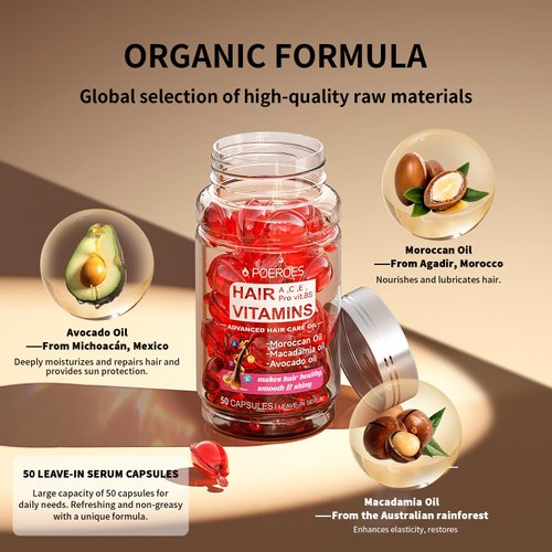 POEROES Hair Vitamins A C E Pro B5 50 Capsules- Hair Serum for Frizzy and Damaged Hair - Hair Oil with Argan & Avocado Oil - Leave in Conditioner for Women & Men