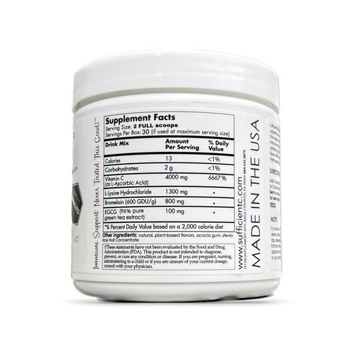 Sufficient-C High-Dosed 4000 mg. Vitamin C Lemon Peach Immune-Ade Drink Mix 250 gram size - Refreshing with Generously Dosed L-lysine, Bromelain & 96% Pure, Caffeine-Free Green Tea Extract