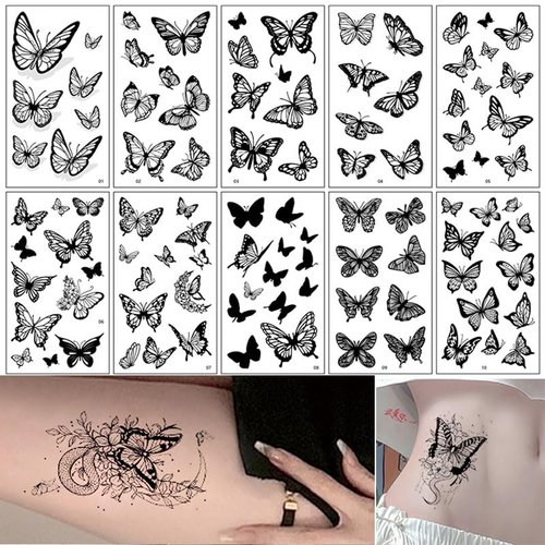 Generic 10 Sheets Temporary Tattoo Stickers, Waterproof Black Butterfly Pattern Tattoos Body Art Henna Sticker for Women Girls DIY Body Face Arms Legs (Model D)