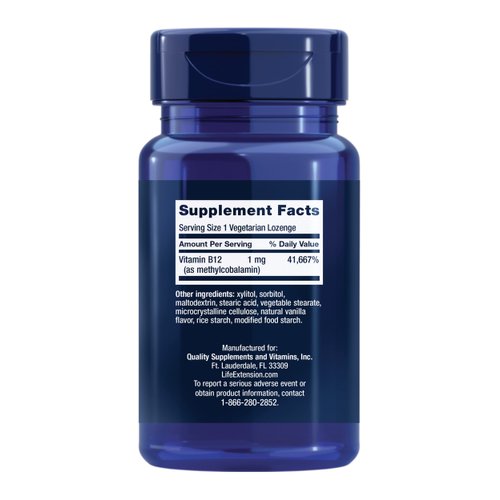 Life Extension Vitamin B12 Methylcobalamin, Nerve Health Supplement, Cognitive Support, Energy Vitamin, methylcobalamin B12, 1 mg, Quick-Dissolving, Vegetarian, 60 lozenges