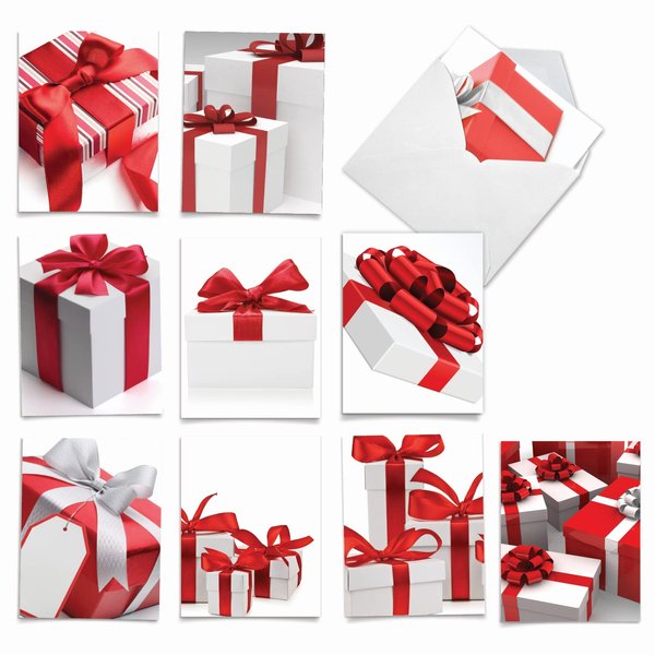 The Best Card Company - 10 Merry Christmas Cards Bulk - Festive Holiday Patterns, Boxed Card Assortment (4 x 5.12 Inch) - Season's Surprises M6048