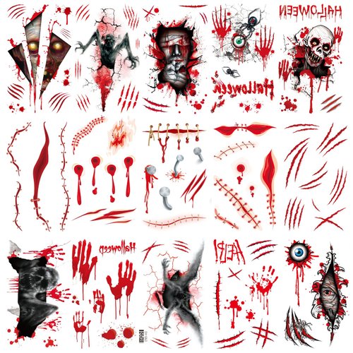 Oottati 15 Sheets Halloween Looks Real Fake Scar Eye Spider Wound Horror Monster Skull Blood Hand Temporary Tattoos Suit for Kids
