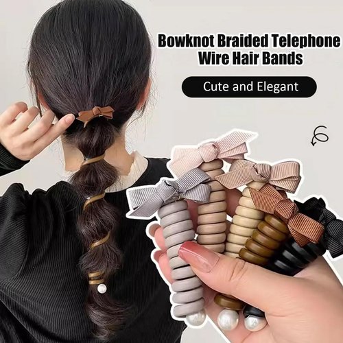 Generic 5 Pcs Bowknot Braided Telephone Wire Hair Bands Elastic Spiral Hair Ties Phone Cord for Women Girls Ponytail Holder Accessories