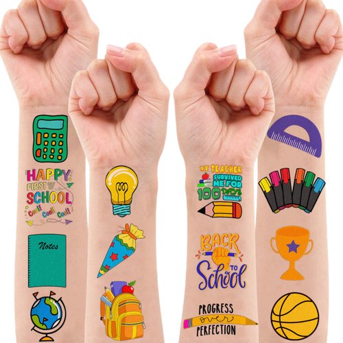 Welcome Back To School Temporary Tattoos Theme Birthday Party Decorations Supplies Favors Cute Bus Fake Tattoo Stickers 96 PCS Gifts for Kids Girls Boys Teachers Students Classroom Rewards Carnival