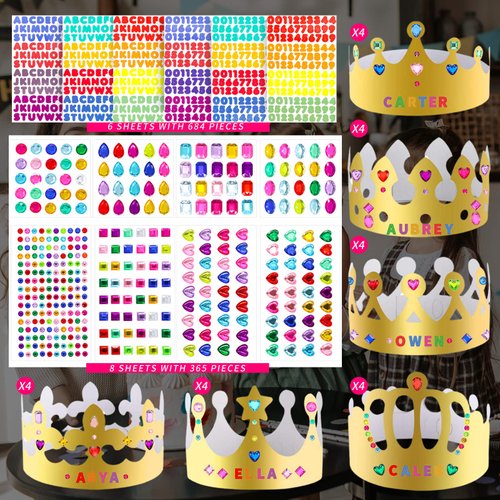 Axeyil 38 Pcs Paper Crowns for Kids Boys Girls Adults Princess Prince King, Classroom Crown, Birthday Party Hats with Gold Gem Jewels Number Letter Stickers, DIY Decorate Decor Favor Supplies