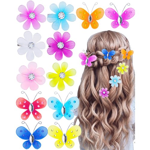 PinkSheep Hair Clip, Butterfly Flower Hair Accessory for Little Girl, 12PCS Tulle Mesh Hair Bows Colorful Flower Hair Pins Barrettes, for Toddler Baby Girls