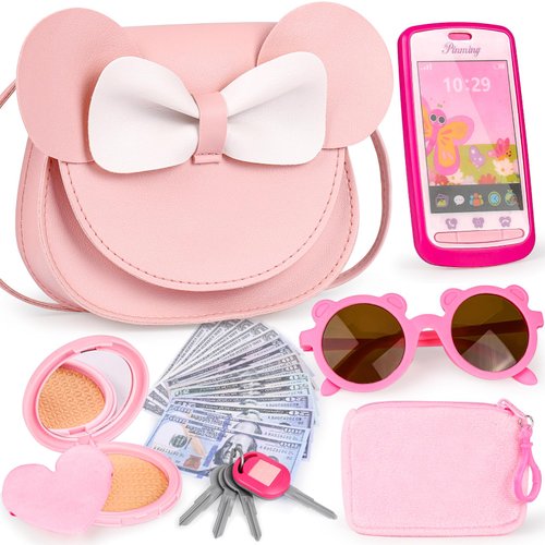 Oisacirg Play Purse for Little Girls, 23PCS Toddler Purse with Pretend Makeup for Kids, Princess Toys Includes Crossbody Bag, Phone, Wallet, Keys, Kids Toy Purse Birthday Gift Toys for Girls 3 4 5 6+
