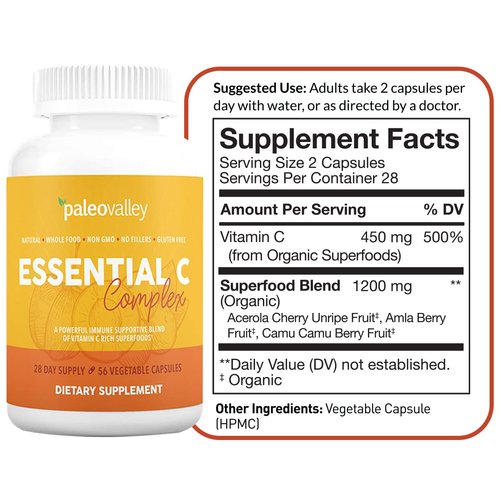 Paleovalley Essential C Complex - Vitamin C Supplement for Immune Support - 1 Pack, 450mg - Organic Superfoods Unripe Acerola Cherry, Camu Camu, Amla Berry - No Synthetic Ascorbic Acid - USA Made