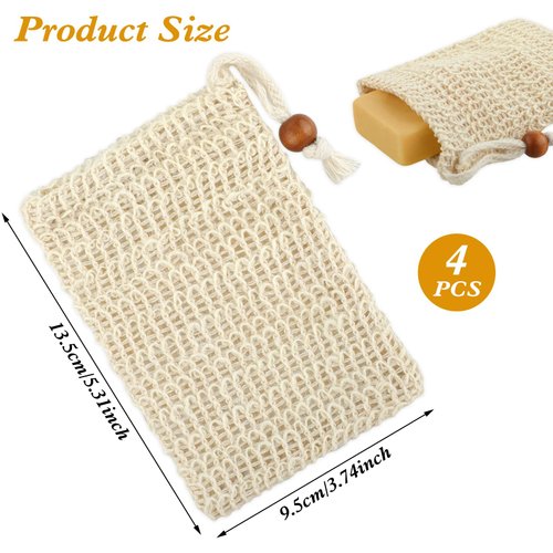 Ouligay 4pcs Soap Bags, Natural Sisal Soap Saver Bag, Exfoliating Soap Pouch, Soap Scrubber Pouch, Plastic-Free Exfoliating Foaming and Drying Soap Holder for Shower