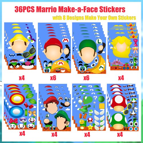 36Pcs Make-a-face Stickers, Make Your Own Stickers Fun Craft Project for Kids, Mixed and Matched with 8 Designs Characters Stickers for Party Decoration, Class Reward, Book Decor, Birthday Gifts