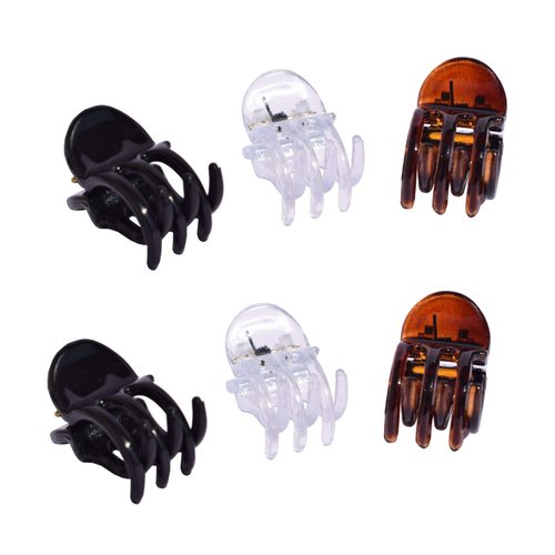 Parcelona French Classic Round Tortoise Shell Brown Clear and Black Mini 1/2” Celluloid Set of 6 Interlocking Hair Claw Clip Clamps for Women and Girls