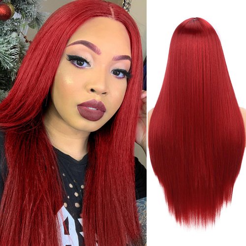FANCEE Red Wigs Long Straight Red Hair Wig Middle Part Synthetic Straight Hair Wig Natural Style Full Wig for Women Daily Party Use 26 Inches