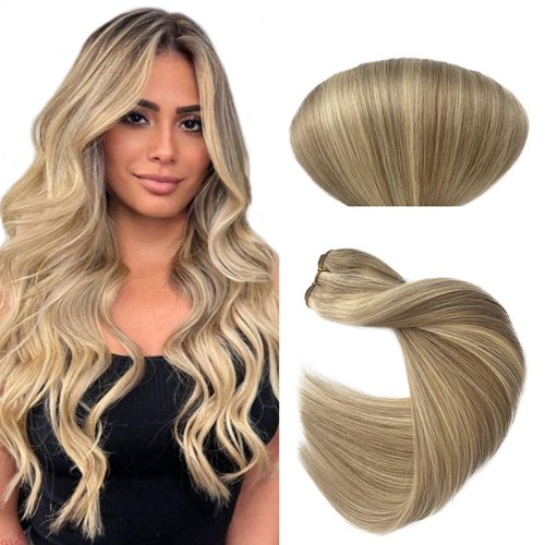 Blonde Highlight Sew in Hair Extensions Real Human Hair, 16 Inch Light Ash Blonde with Platinum Blonde Hand Tied Weft Hair Extensions Straight Blonde Human Hair Bundles for Highlights 100grams