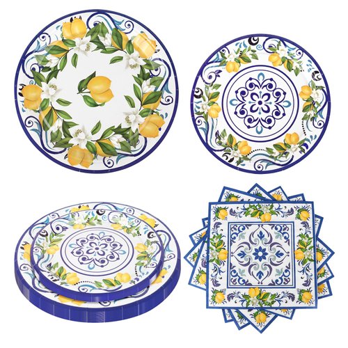 108 PCS Capri Lemon Party Plates and Napkins Blue Tiles Mediterranean Party Decor Disposable Tableware Sets Baby Shower Birthday Party Decorations Supplies Favors for 36 Guests