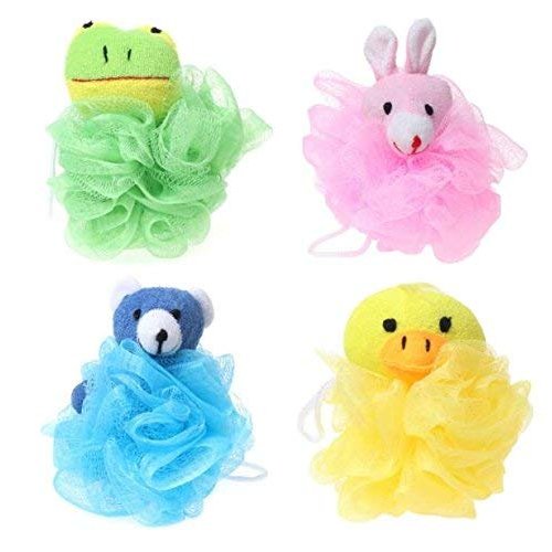Cartoon Bath Pouf Puff Mesh Bath Sponges with Stuffed Animal Loofah (4 Pack) Rabbit,Bear,Duck,Frog Design