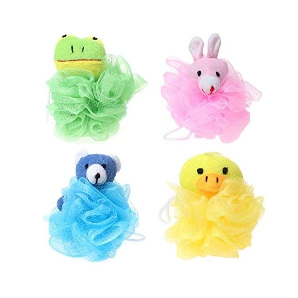 Cartoon Bath Pouf Puff Mesh Bath Sponges with Stuffed Animal Loofah (4 Pack) Rabbit,Bear,Duck,Frog Design
