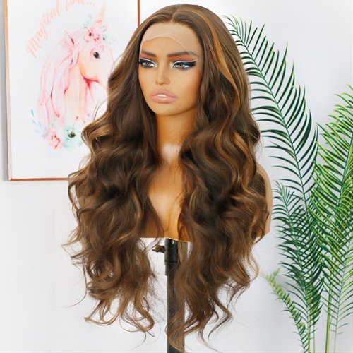 ANDRIA Highlight Brown Lace Front Wigs Long Body Wave Glueless Natural Wave Transparent lace Wig Synthetic Heat Resistant Fiber Hair Wig Pre Plucked With Baby Hair For Women 24 Inch
