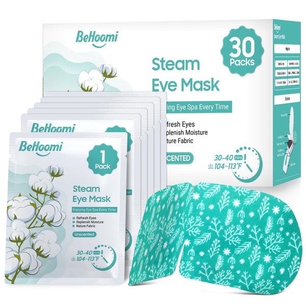 BeHoomi 30Packs Steam Eye Mask, Heated Eye Mask Warm Compress for Eyes, Self Heating Disposable Eye Masks for Home Sleep, Spa, Travel Essentials & Relaxation Gifts, Stocking Stuffers (Unscented)