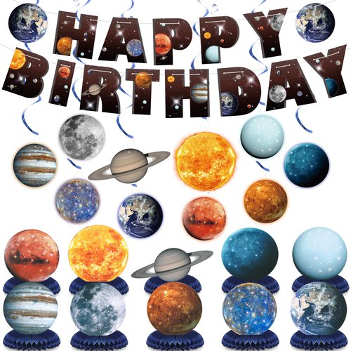 Eersida 21 Pcs Space Galaxy Birthday Decorations Space Themed Party Supplies Include Pre Assemble...