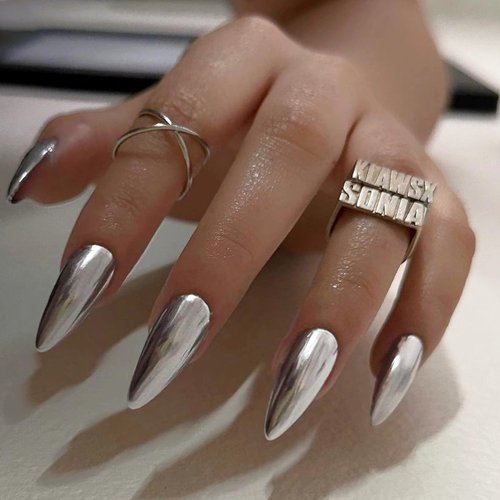 Qsnidy Lustrous Sliver Chrome Press on Nails Medium, Almond Fake Nails Metallic Mirrored Acrylic Nails Glue on, Glossy Stiletto False Nails for Women, Reusable Stick On Nails, 12 Sizes - 24 Nails Kit