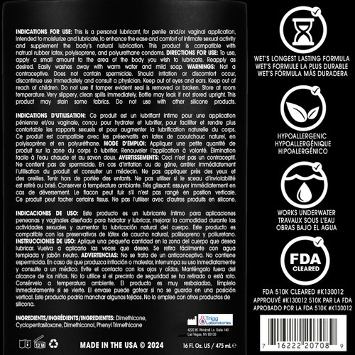 Wet Platinum Silicone Based Personal Lubricant 16 oz Bottle, Premium Water Resistant Hypoallergenic Personal Lubricant for Men, Women and Condoms