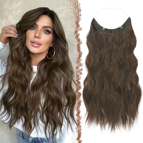 FESHFEN Invisible Wire Hair Extensions with Transparent Wire Adjustable Size with 2 Secure Clips Synthetic Hair Piece Long Wavy Secret Headband Hairpieces for Women 20 inch Chestnut Brown