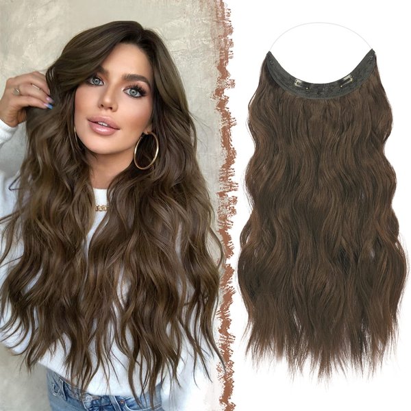 FESHFEN Invisible Wire Hair Extensions with Transparent Wire Adjustable Size with 2 Secure Clips Synthetic Hair Piece Long Wavy Secret Headband Hairpieces for Women 20 inch Chestnut Brown