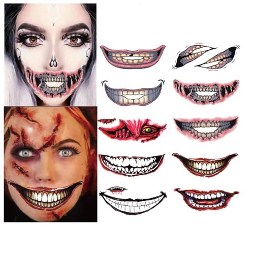 Halloween Prank Makeup Temporary Tattoo Stickers for Adults Kids, Clown Horror Mouth Fake Tattoo Stickers Scary Big Mouth Face Tattoos Decals Kits for Halloween Cosplay Party DIY Decoration 10Pcs
