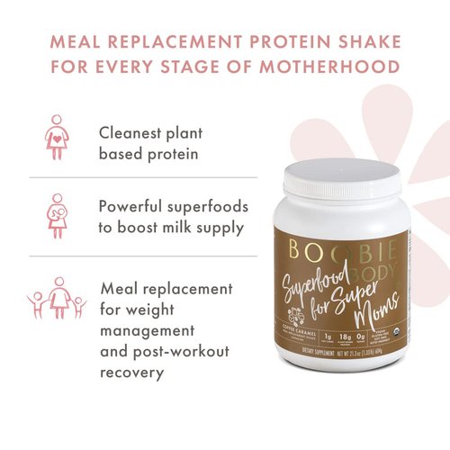 Boobie Body Superfood Protein Shake for Moms, Pregnancy Protein Powder, Lactation Support to Increase Milk Supply, Probiotics, Organic, Diary-Free, Gluten-Free, Vegan - Coffee Caramel (21.2oz, 1 Tub)