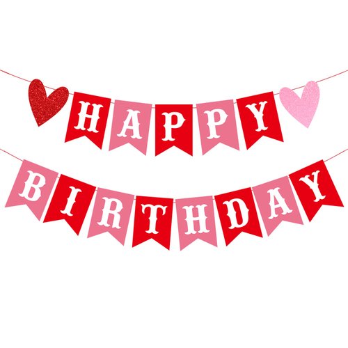 CAVLA Happy Birthday Banner for Valentine's Day Red Pink Valentine's Day Themed Birthday Banner with Glitter Heart Signs Valentines Birthday Paper Banner for Home Wall Party Decorations Supplies