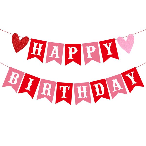 CAVLA Happy Birthday Banner for Valentine's Day Red Pink Valentine's Day Themed Birthday Banner with Glitter Heart Signs Valentines Birthday Paper Banner for Home Wall Party Decorations Supplies