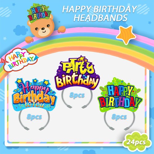 KKBES 24 Pack Birthday Hats for Kids, Paper Birthday Hats, Happy Birthday Headbands for Adult, Birthday Party Supplies, 3 Patterns