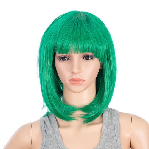SWACC Short Straight Bob Wig with Bangs Synthetic Colorful Cosplay Daily Party Flapper Wig for Women with Wig Cap (Green)