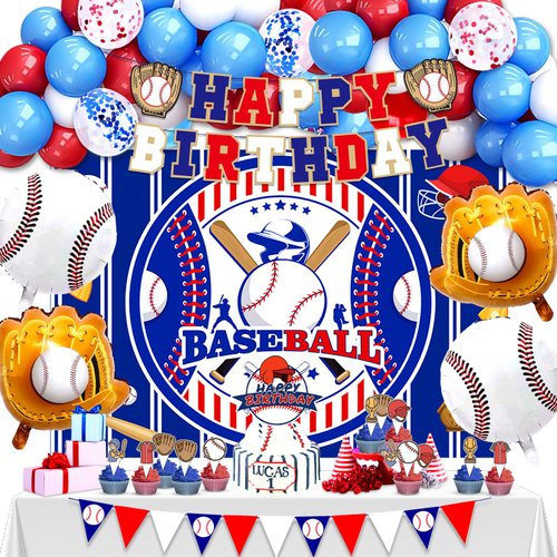 Baseball Birthday Party Decorations, 64 PCS Baseball Birthday Party Supplies Kit, Include Baseball Themed Backdrop, Happy Birthday Banner, Balloons, Cupcake, Cake Toppers