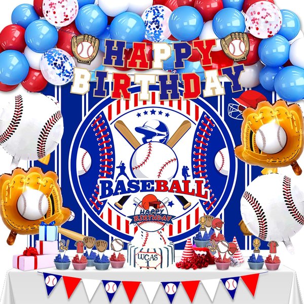 Baseball Birthday Party Decorations, 64 PCS Baseball Birthday Party Supplies Kit, Include Baseball Themed Backdrop, Happy Birthday Banner, Balloons, Cupcake, Cake Toppers