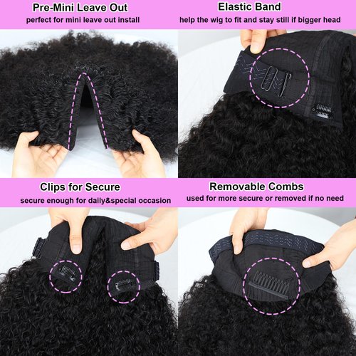 Domiso New Super V Part Human Hair Wig 200% Density Afro Kinky Curly V Part Wig Pre-Minimum Leave Out Glueless Wigs Beginner Friendly with Anti Slip Elastic Band and Removable Clips Curly Wig 16 Inch