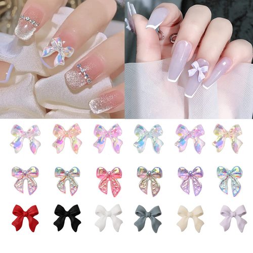 GBSTORE 100 Pcs 3D Nail Decoration Kits Colorful Aurora Bow Nail Art Decoration Resin Cute Nail Rhinestone Glitter Nail Charms Nail Art Accessories