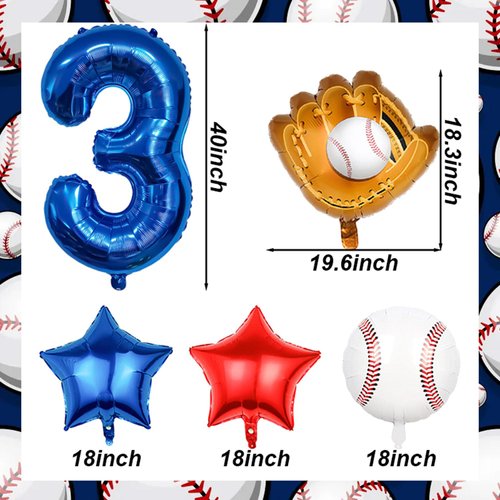 Baseball Balloons 3rd Birthday Decorations for Boys, Baseball Party Decorations Baseball Sports Theme Party Supplies, 40 inch Foil Number Balloons Number 3 Balloon Blue Red White Sports Balloon Kits