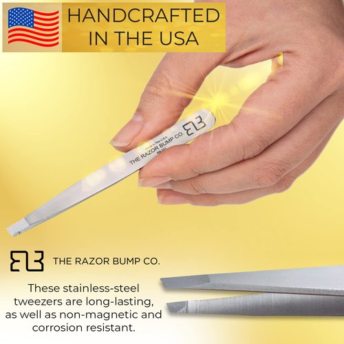 Razor Bump Co. Professional Micro Slant Tweezer, made in USA, Best Precision Tweezers for Eyebrows, Chin Hair, Ingrown Hair Removal – Surgical Grade, Rustproof, Non-Irritating Stainless Steel
