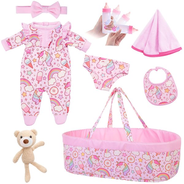 ECORELF 8 Pcs Baby Doll Clothes with Bassinet for 16-18 inch Baby Doll Reborn, Baby Doll Accessories Clothes Outfit Including Doll Nursing Bottle Bib Headband with Unicorn Pattern
